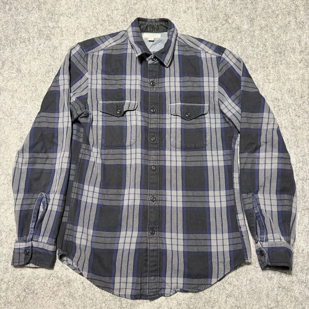 Wallace & Barnes J Crew Mens Small Heavyweight Flannel Shirt Black Gray Plaid